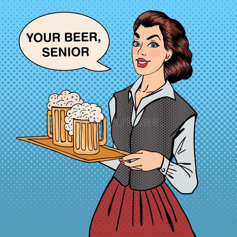 Cameriera di bar con birra Donna che tiene un vassoio con i vetri di birra illustrazione vettoriale