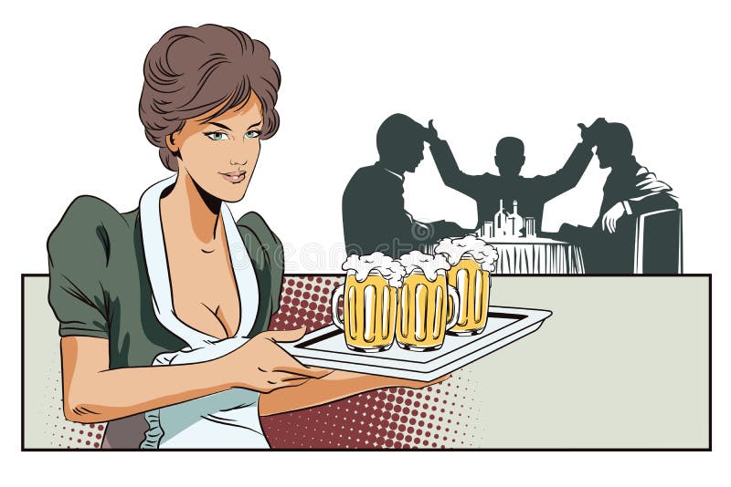 Cameriera di bar della ragazza con birra Profila l'altra gente royalty illustrazione gratis