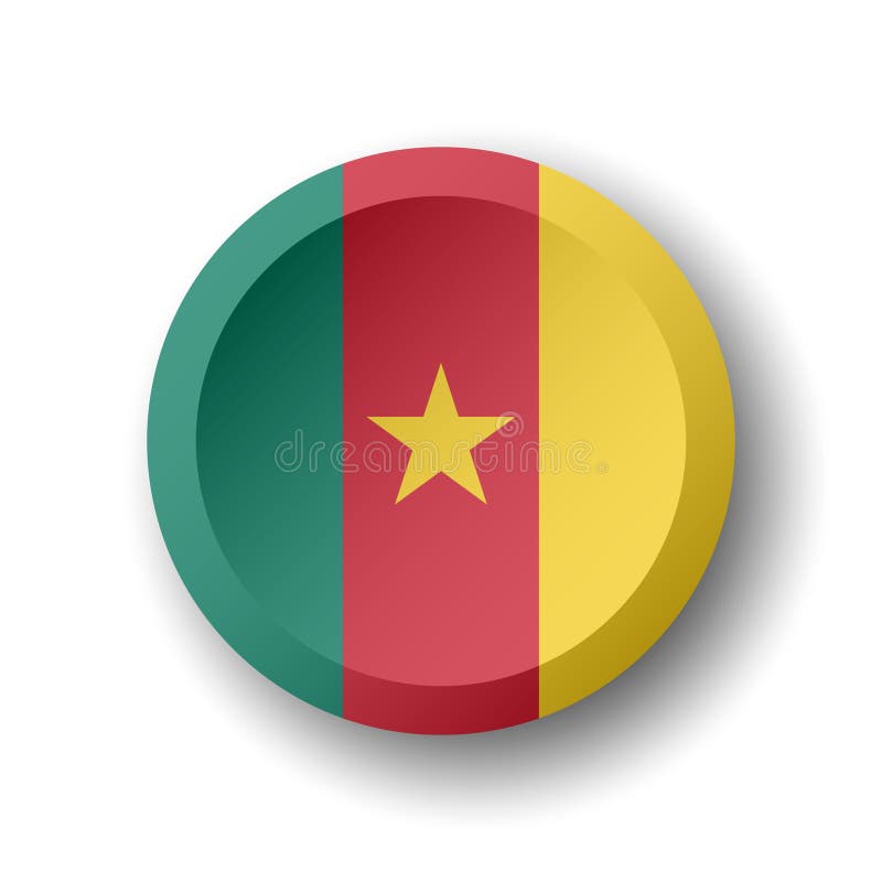 Pavilionul cu buton cerc al cameroonului. Buton cerc format Camerun 3d cu umbre lăsate. pictogramă vectorială.