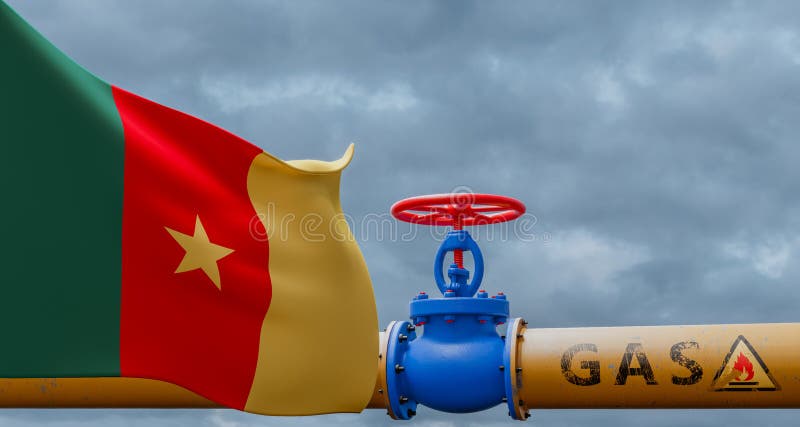 Cameroon gas, valve on the main gas pipeline Cameroon, Pipeline with flag Cameroon, Pipes of gas from Cameroon, 3D work and 3D vector illustration
