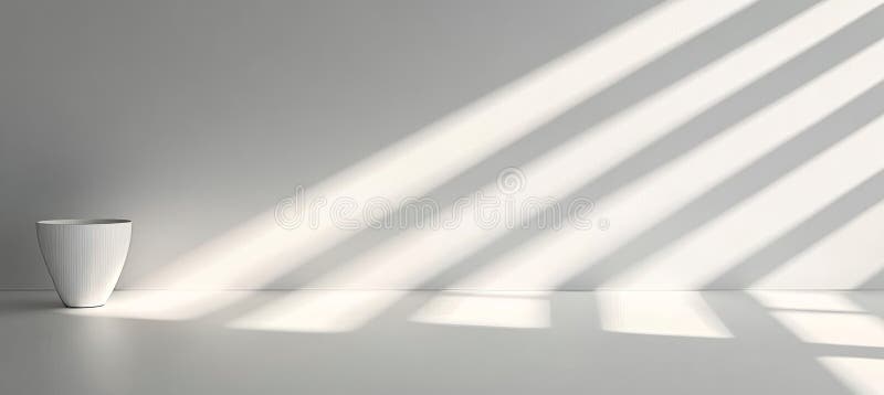 Cameră albă minimalistă cu o singură vază și umbre geometrice de la fereastra 3d stock illustration