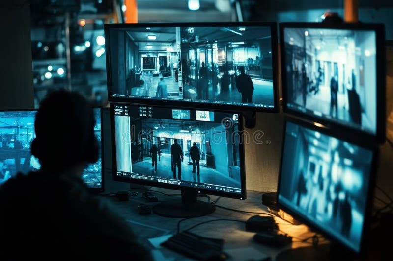 Cameră de control securitate cu concept de ecrane multiple. Omul se uită la ecran în camera de control a securității. royalty free stock photos