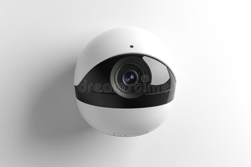 Cameră de securitate modernă, elegantă, cu design alb-negru, montată pe peretele interior, cu lentile orientate în față stock illustration