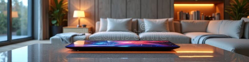 Cameră de zi modernă cu tabletă inteligentă pe masă de marmură royalty free stock image