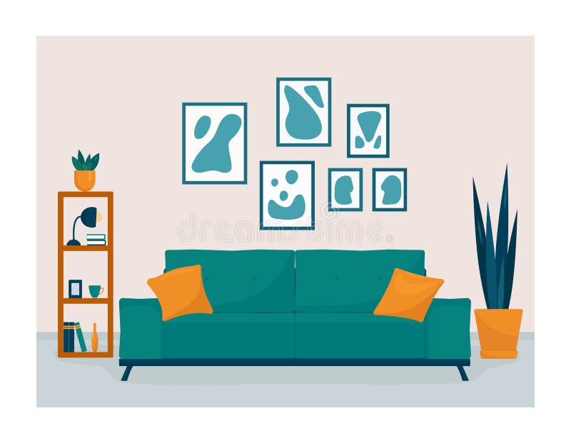 Cameră de zi modernă interioară cu săpun de bibliotecă. ilustrare a casei cu plantațiile pentru lămpi de canapea în ghivece vector illustration