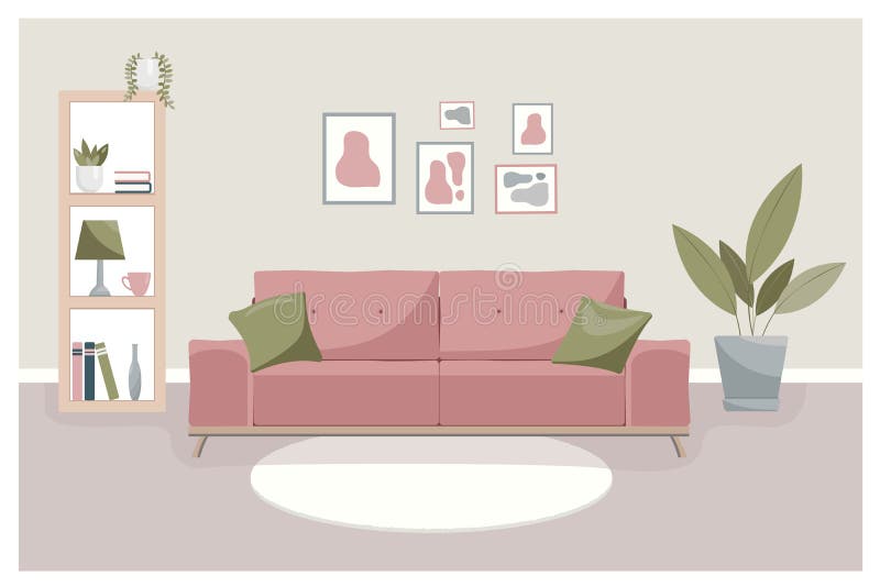 Cameră de zi modernă interioară cu săpun de bibliotecă. ilustrare a casei cu plantațiile pentru lămpi de canapea în ghivece vector illustration