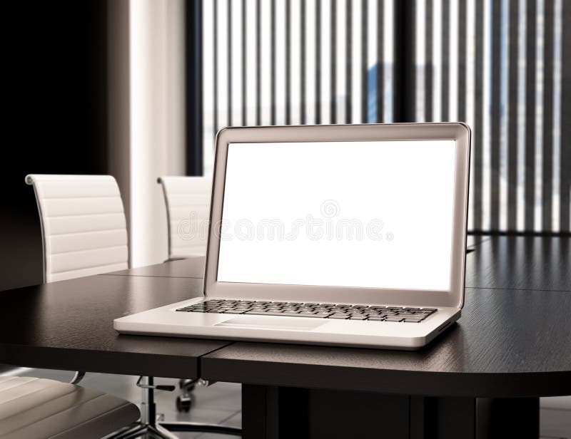 Cameră de întâlnire modernă 3d cu ecran gol pentru laptop. mockup stock illustration