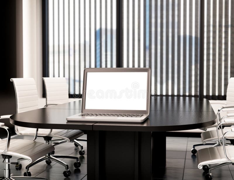 Cameră de întâlnire modernă 3d cu ecran gol pentru laptop. mockup royalty free illustration