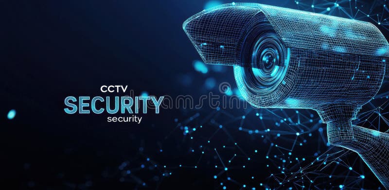 Cameră digitală de securitate futuristă cu simboluri de rețea și text royalty free illustration