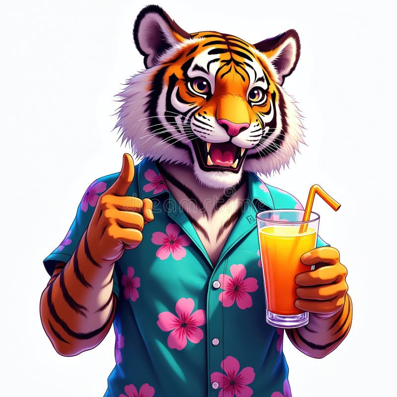 Camicie hawaiane: animale del partito delle tigri bengalesi tiene un bicchiere di vetro. Il gatto fresco dà ai pollici un'immagine royalty illustrazione gratis