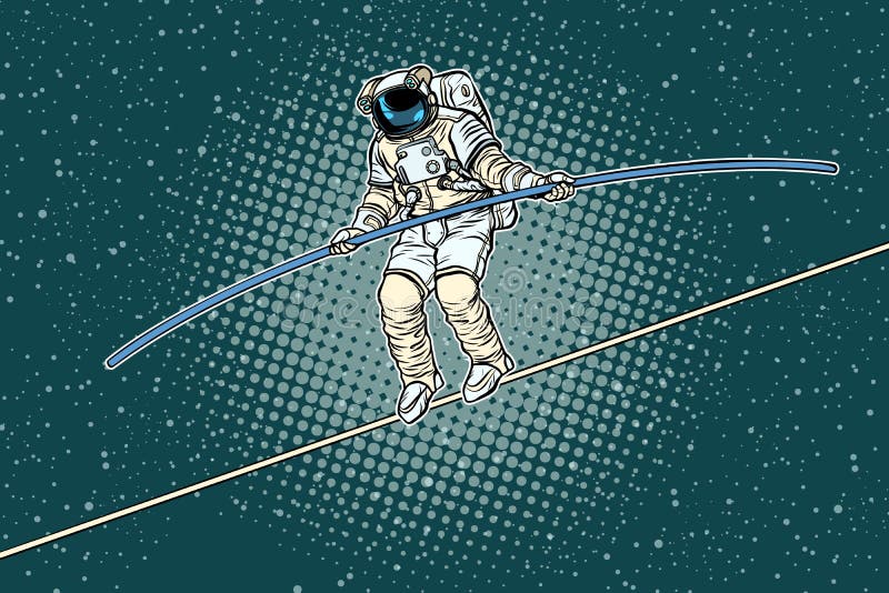 Caminante de la cuerda tirante del astronauta, los riesgos de un investigador de la ciencia libre illustration Caminante de la cuerda tirante del astronauta, los riesgos de un investigador de la ciencia libre illustration