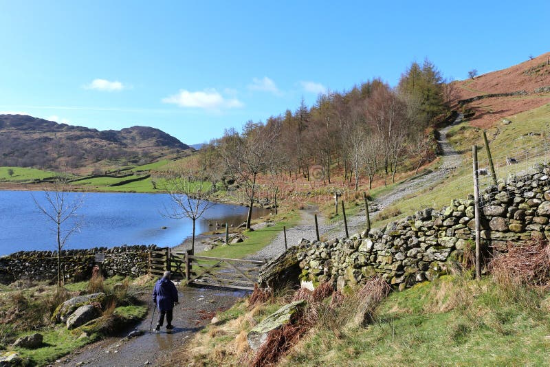 Caminante de la señora en el sendero de Watendlath el Tarn en la puerta fotografía de archivo libre de regalías Caminante de la señora en el sendero de Watendlath el Tarn en la puerta fotografía de archivo libre de regalías