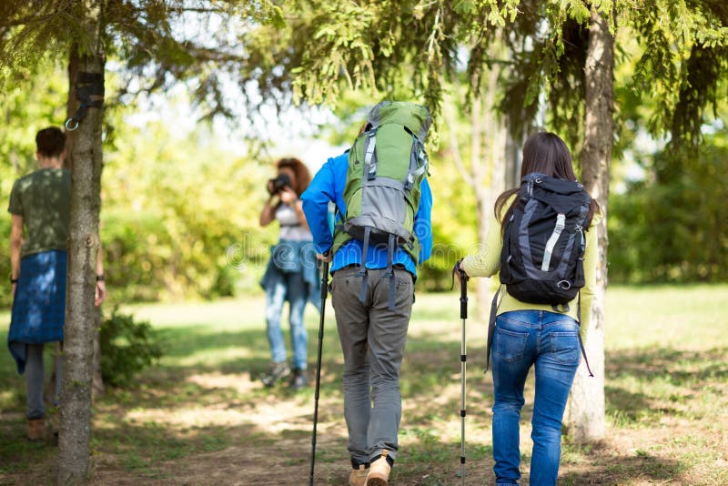 Caminante femenino y masculino con las mochilas en bosque foto de archivo Caminante femenino y masculino con las mochilas en bosque foto de archivo
