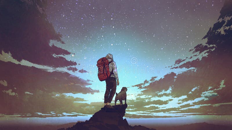 Caminante joven y perro que miran el cielo