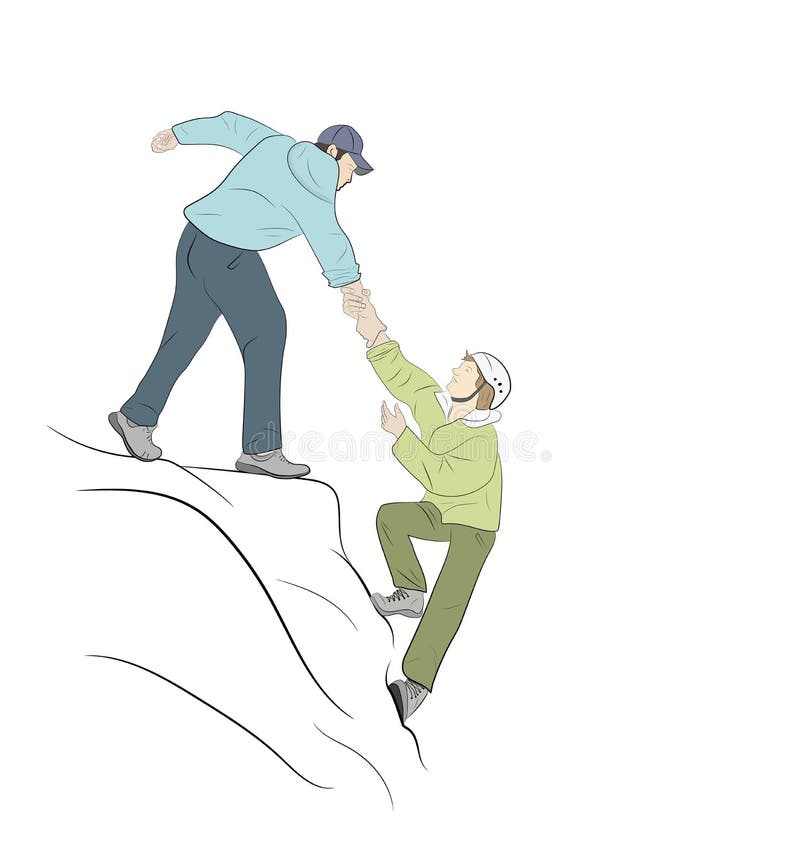 Caminantes que suben en la roca, montaña, uno de ellos que dan la mano ilustración del vector Caminantes que suben en la roca, montaña, uno de ellos que dan la mano ilustración del vector