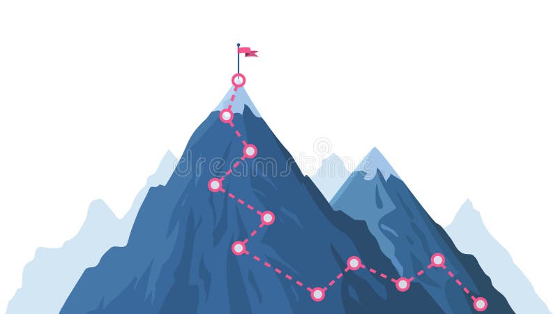 Caminho de progressão da montanha. subida em rota de montanha pico que sobrevoa o caminho de montanha com bandeira vermelha sobre