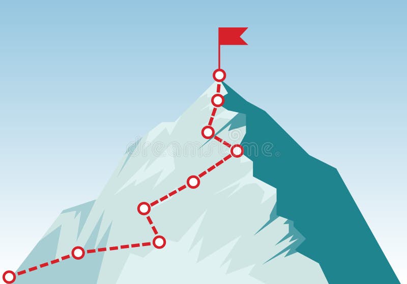 Caminho de subida das montanhas até o pico em estilo plano Conceito de meta, missão, visão, carreira Caminho de viagem de negócio