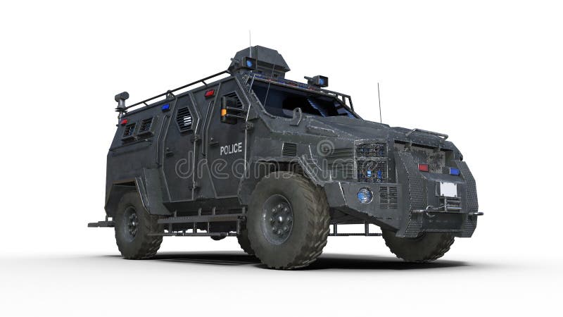 Caminhão blindado de SUV, carro policial à prova de balas, carro da aplicação da lei isolado no fundo branco, vista inferior, 3D ilustração stock Caminhão blindado de SUV, carro policial à prova de balas, carro da aplicação da lei isolado no fundo branco, vista inferior, 3D ilustração stock
