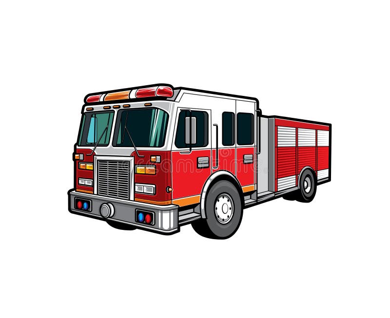 Fire engine truck or firetruck car vector icon, firefighter vehicle. Firefighting lorry, fireman emergency rescue, transport, side front view flat car with classic siren alarm and water tank hose. Fire engine truck or firetruck car vector icon, firefighter vehicle. Firefighting lorry, fireman emergency rescue, transport, side front view flat car with classic siren alarm and water tank hose