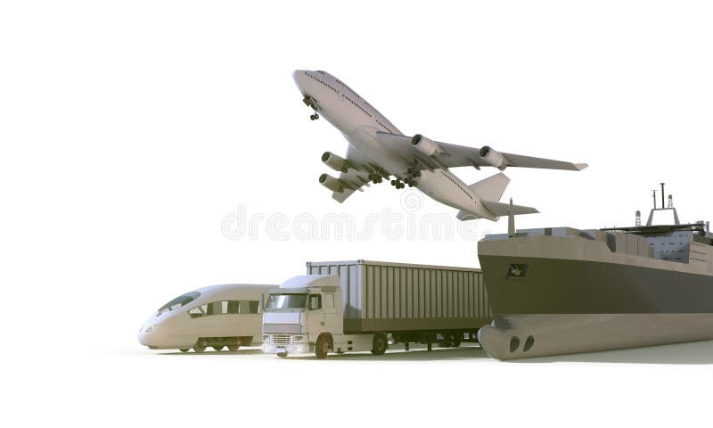 Caminhão da logística e do transporte, trem de alta velocidade, barco no avião de carga do frete no fundo do isolado ilustração stock Caminhão da logística e do transporte, trem de alta velocidade, barco no avião de carga do frete no fundo do isolado ilustração stock