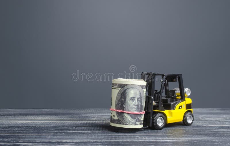 Caminhão de empilhadeira carrega dinheiro Ganhar dinheiro e aumentar a acumulação de capital Atração dos investimentos e imagens de stock Caminhão de empilhadeira carrega dinheiro Ganhar dinheiro e aumentar a acumulação de capital Atração dos investimentos e imagens de stock