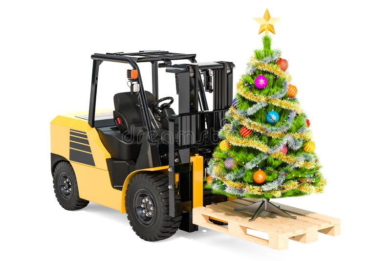 Caminhão de empilhadeira com árvore de Natal Conceito da entrega do presente, 3D com referência a ilustração do vetor Caminhão de empilhadeira com árvore de Natal Conceito da entrega do presente, 3D com referência a ilustração do vetor