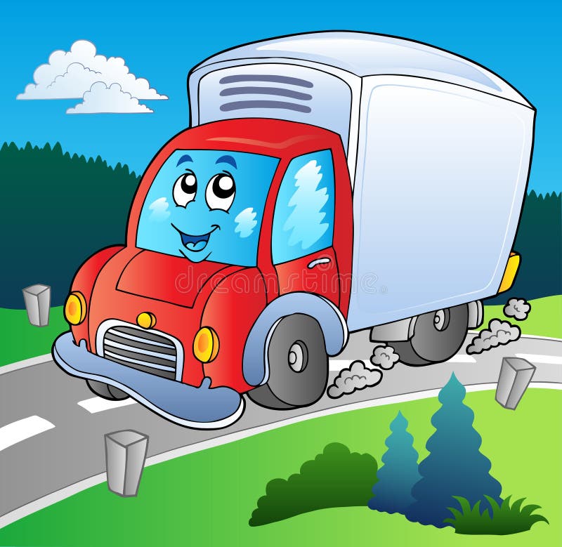 Cartoon delivery truck on road - illustration. Cartoon delivery truck on road - illustration.