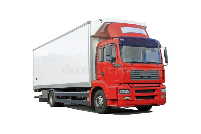 Caminhão de entrega vermelho isolado sobre o branco imagens de stock Caminhão de entrega vermelho isolado sobre o branco imagens de stock