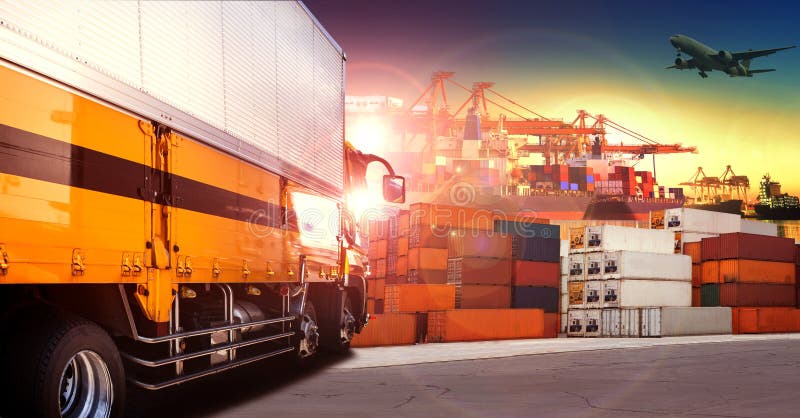 Container truck in shipping port ,container dock and freight cargo plane flying above use for transportation and logistic indutry. Container truck in shipping port ,container dock and freight cargo plane flying above use for transportation and logistic indutry