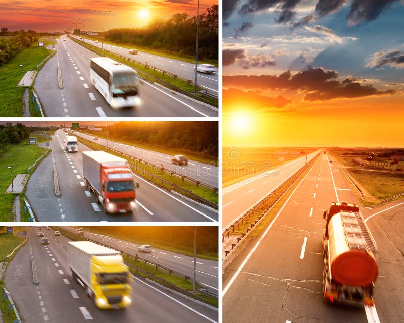 Caminhão e ônibus na estrada no por do sol - colagem imagens de stock Caminhão e ônibus na estrada no por do sol - colagem imagens de stock