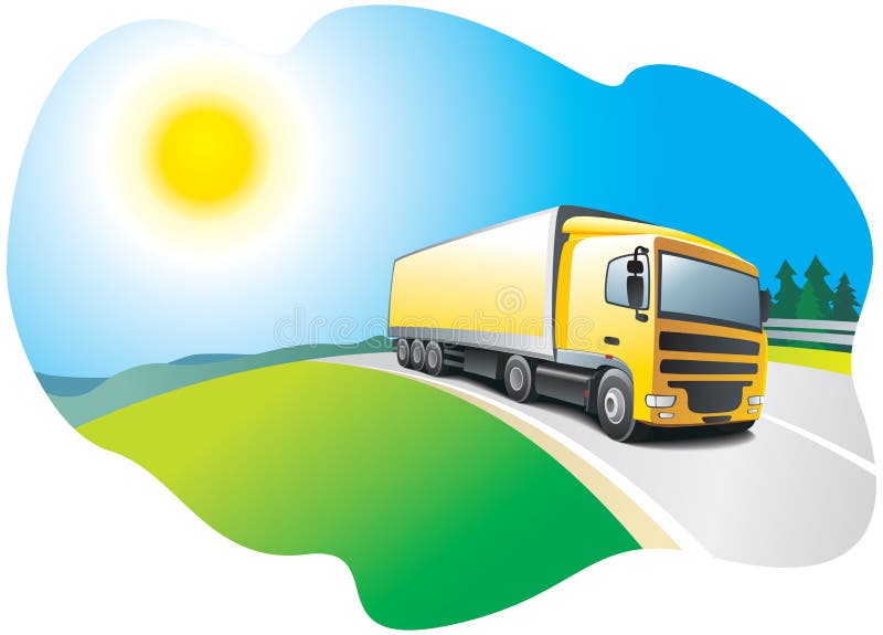 Big, yellow, cargo truck on the road. Vector illustration. Big, yellow, cargo truck on the road. Vector illustration