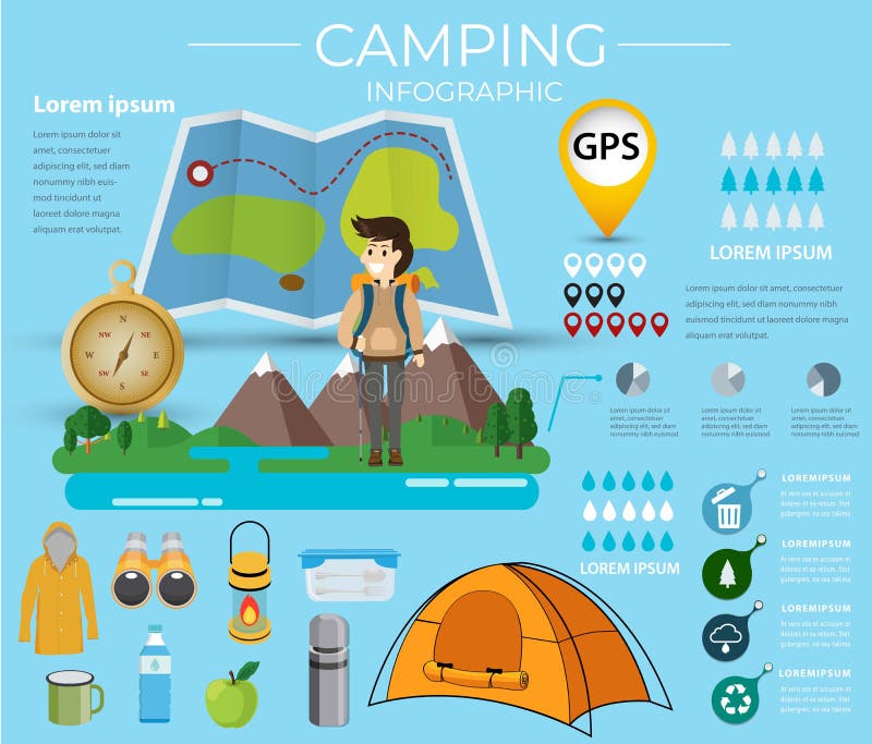 Camino de la montaña y naturaleza infographic de la navegación que acampan ilustración del vector Camino de la montaña y naturaleza infographic de la navegación que acampan ilustración del vector