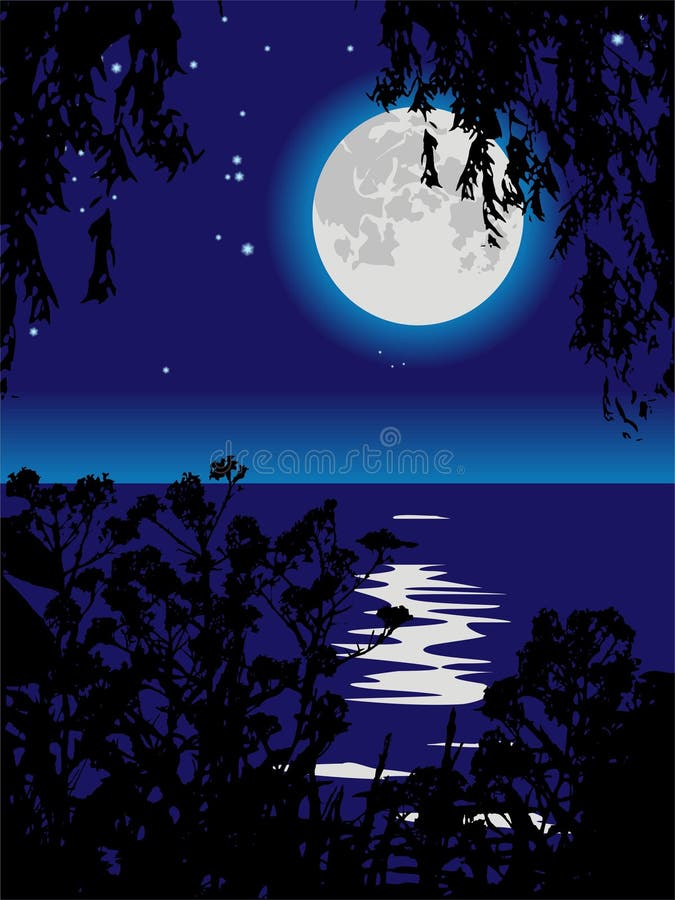 Camino lunar en el lago en la noche. ilustración del vector Camino lunar en el lago en la noche. ilustración del vector