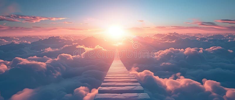 Camino sereno a través de nubes que llevan a un horizonte radiante fotos de archivo libres de regalías