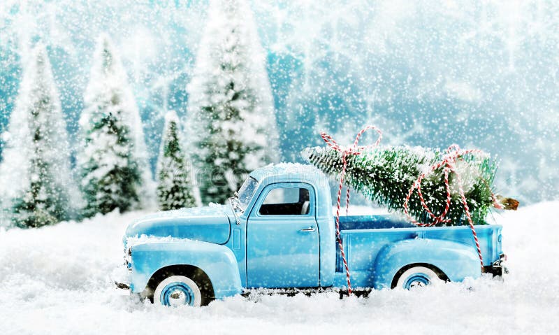 Camion de jouet de vintage cherchant un arbre de Noël photos stock Camion de jouet de vintage cherchant un arbre de Noël photos stock