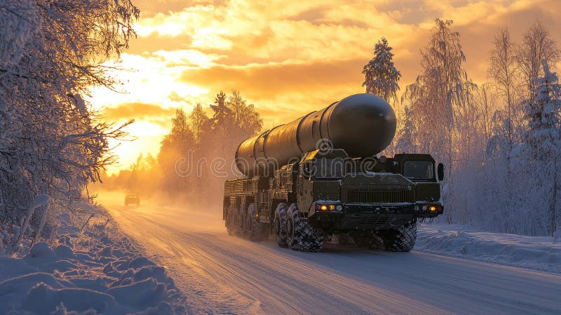 Camion de lansare a rachetelor militare pe șosea înzăpezită la apus cu peisaj de iarnă în fundal vector illustration