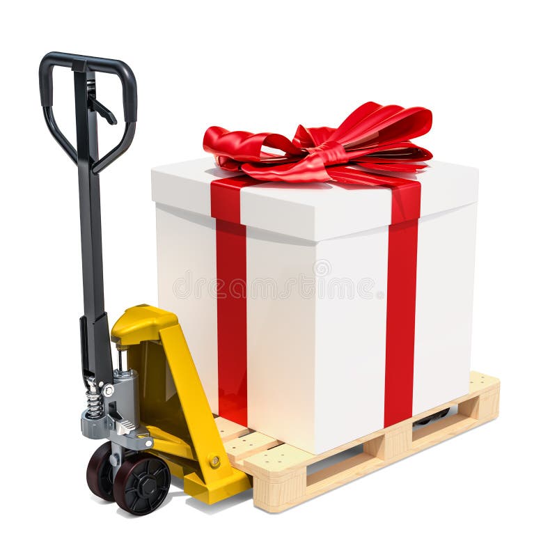 Camion de palette avec le boîte-cadeau Concept de la livraison de cadeau, rendu 3D illustration libre de droits Camion de palette avec le boîte-cadeau Concept de la livraison de cadeau, rendu 3D illustration libre de droits