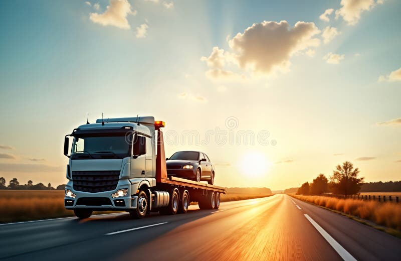 Camion de remorcare cu mașina defectă pe un drum deschis sub cerul apus. asistență în trafic ajută vehiculul. transportul de autov stock illustration