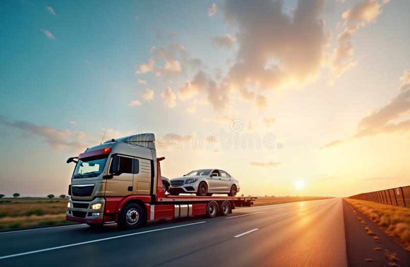 Camion de remorcare cu vagon de marfă stricat pe șosea deschisă. răsăritul soarelui iluminează peisajul. asistență rutieră în timp vector illustration