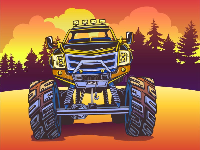 Camion di mostro del fumetto di vettore sul paesaggio di sera nello stile di Pop art Sport estremi