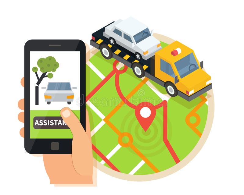 Camion di rimorchio dell'automobile, assistenza online del bordo della strada Dispositivo di evacuazione in cellulare app Illustr royalty illustrazione gratis Camion di rimorchio dell'automobile, assistenza online del bordo della strada Dispositivo di evacuazione in cellulare app Illustr royalty illustrazione gratis
