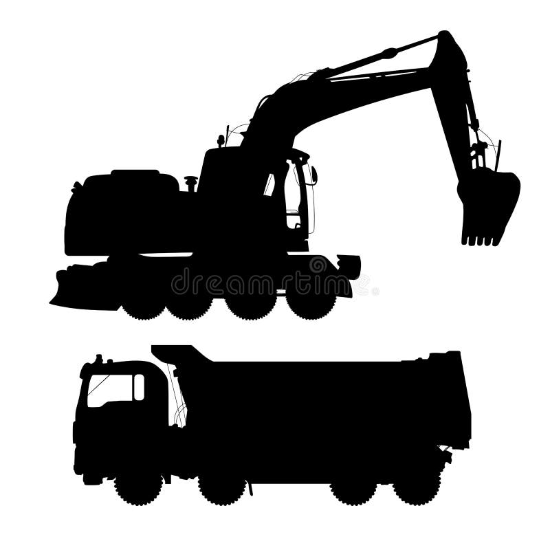 Camion ed escavatore Siluette dettagliate delle macchine della costruzione su fondo bianco illustrazione di stock Camion ed escavatore Siluette dettagliate delle macchine della costruzione su fondo bianco illustrazione di stock