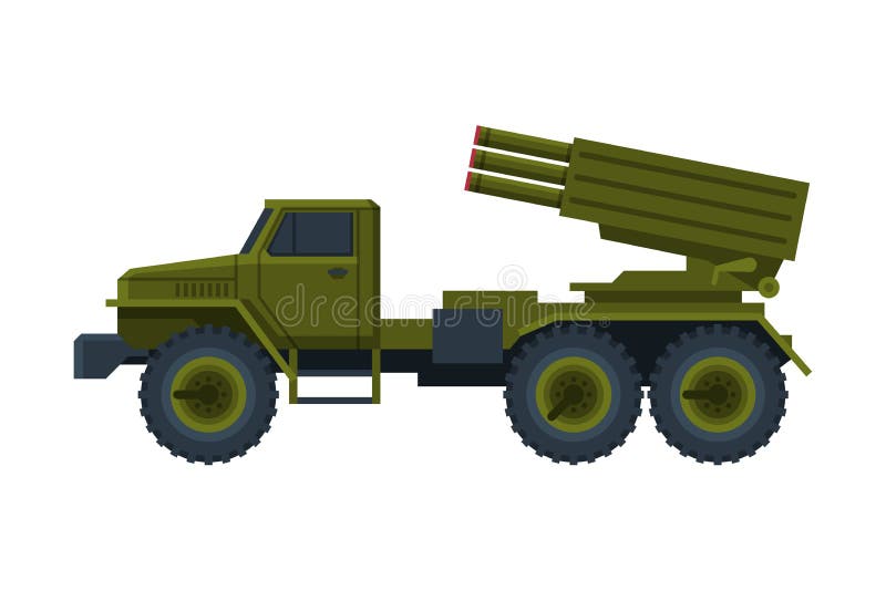 Camion militar cu mai multe lansatoare de rachete, cu ilustrare cu vector plat pentru rachete balistice intercontinentale stock illustration
