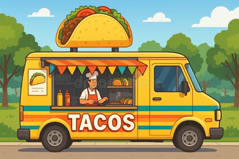 Camion taco colorat care servește mâncare delicioasă pe stradă într-un cadru însorit din parc stock photography