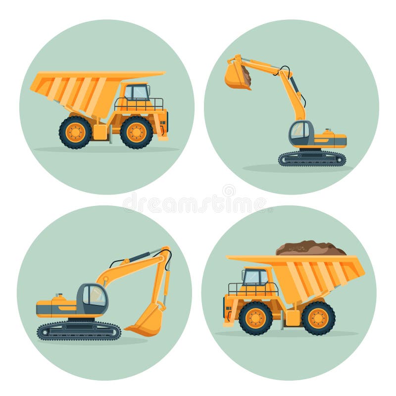 Camion à benne basculante moderne et emblèmes fonctionnels d'excavatrice réglés illustration de vecteur Camion à benne basculante moderne et emblèmes fonctionnels d'excavatrice réglés illustration de vecteur