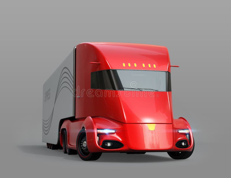 Camion électrique auto-moteur de rouge métallique semi d'isolement sur le fond gris illustration libre de droits Camion électrique auto-moteur de rouge métallique semi d'isolement sur le fond gris illustration libre de droits