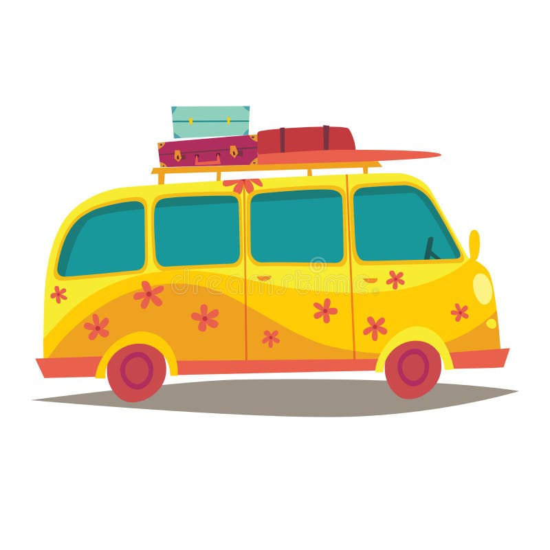 Camionete de campista da hippie Curso pelo ônibus do amarelo do vintage Estilo de vida de Woodstock Turismo, férias de verão ilustração stock Camionete de campista da hippie Curso pelo ônibus do amarelo do vintage Estilo de vida de Woodstock Turismo, férias de verão ilustração stock