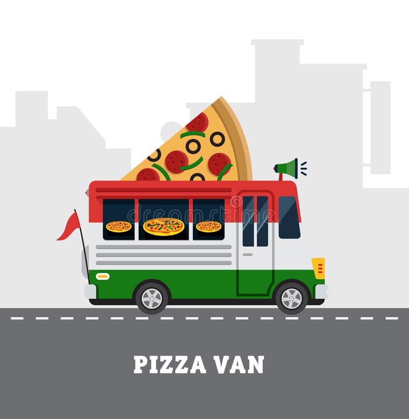 Camionete do alimento da rua Entrega do Fastfood Projeto liso ilustração royalty free Camionete do alimento da rua Entrega do Fastfood Projeto liso ilustração royalty free