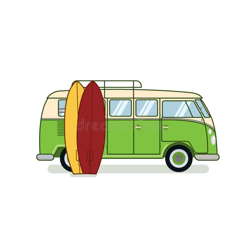 Camionete do surfista com as duas prancha isoladas no fundo branco Carro retro Projeto antiquado Ilustração lisa do vetor ilustração royalty free Camionete do surfista com as duas prancha isoladas no fundo branco Carro retro Projeto antiquado Ilustração lisa do vetor ilustração royalty free