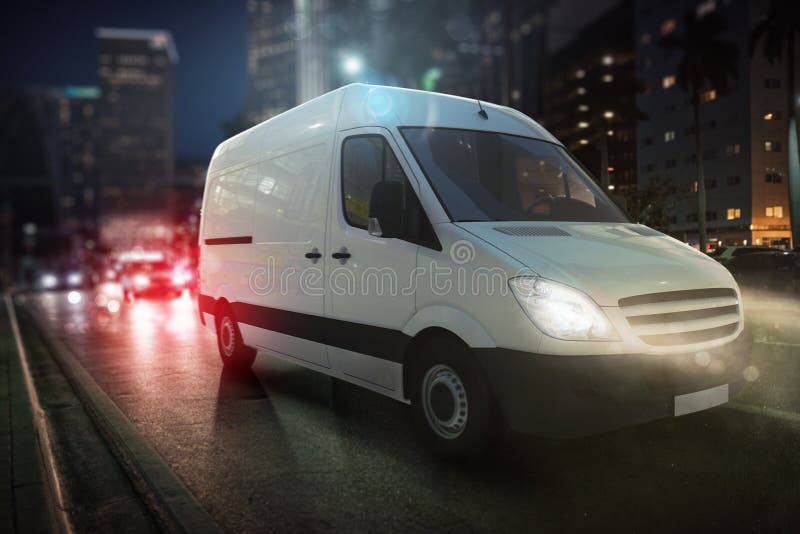 Moving truck on a city road with skyscrapers background. 3D Rendering. Moving truck on a city road with skyscrapers background. 3D Rendering